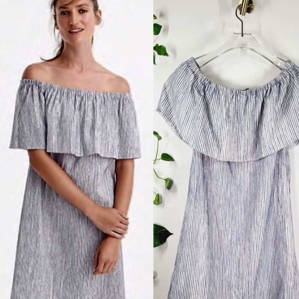 J.Crew Womens Chambray Off the Shoulder Pinstriped Mini Dress Size Small So Cute